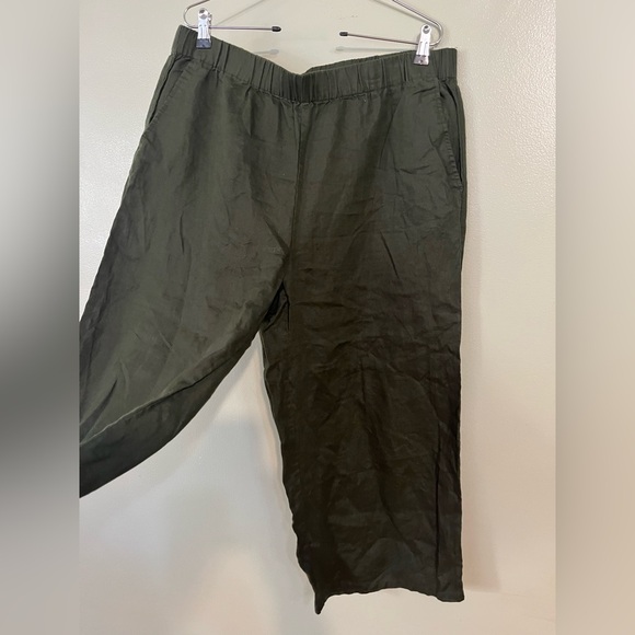 Eileen Fisher Organic Linen Olive Green Wide-Leg PPull On Crop Pants Pockets L - Picture 2 of 12